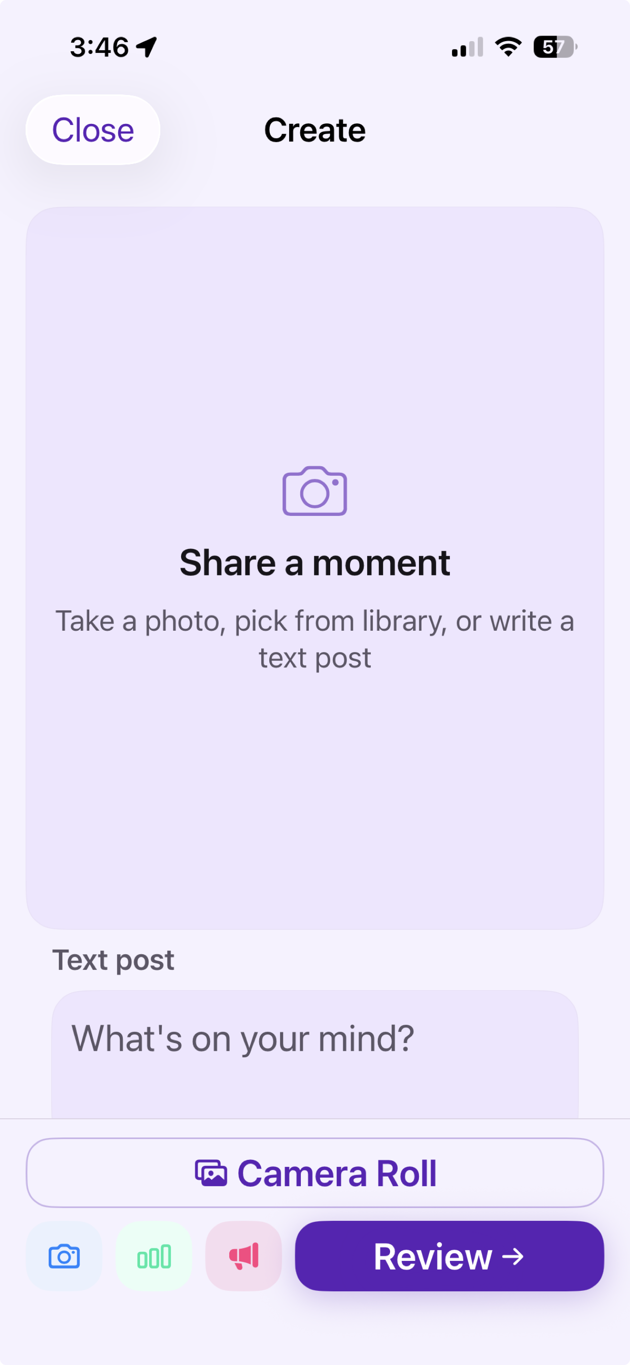 Real Friends create post flow with a selected photo