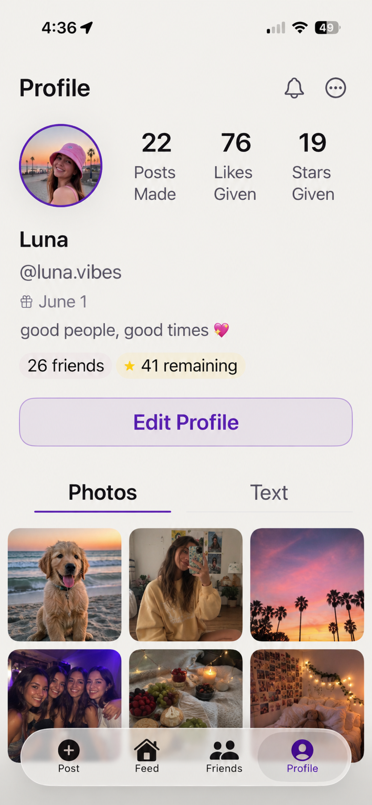 Real Friends friend profile with a photo grid
