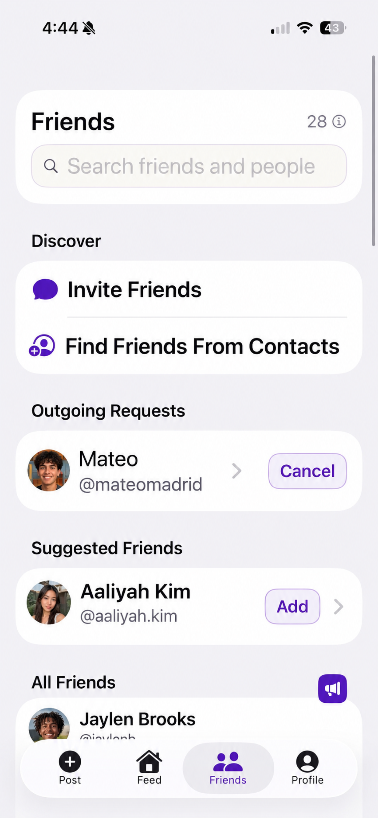 Real Friends friends list with search and friend suggestions