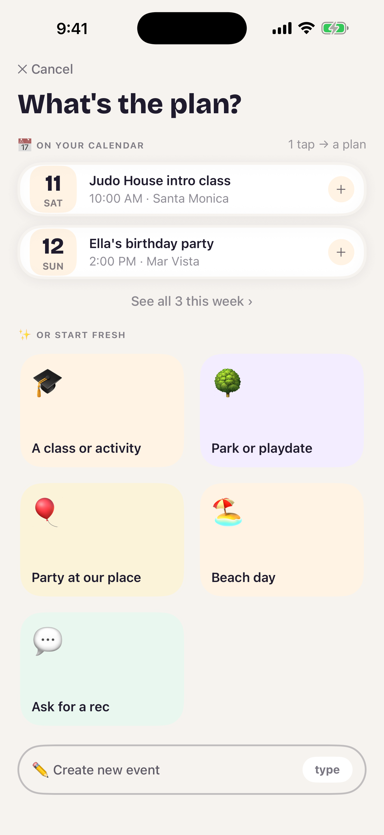Real Friends plan composer with calendar suggestions and quick starters