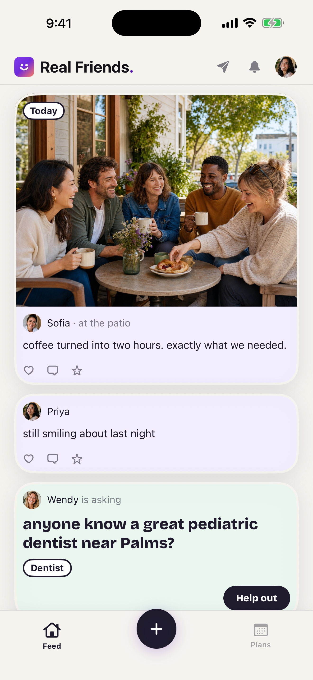 Real Friends feed with photos from close friends