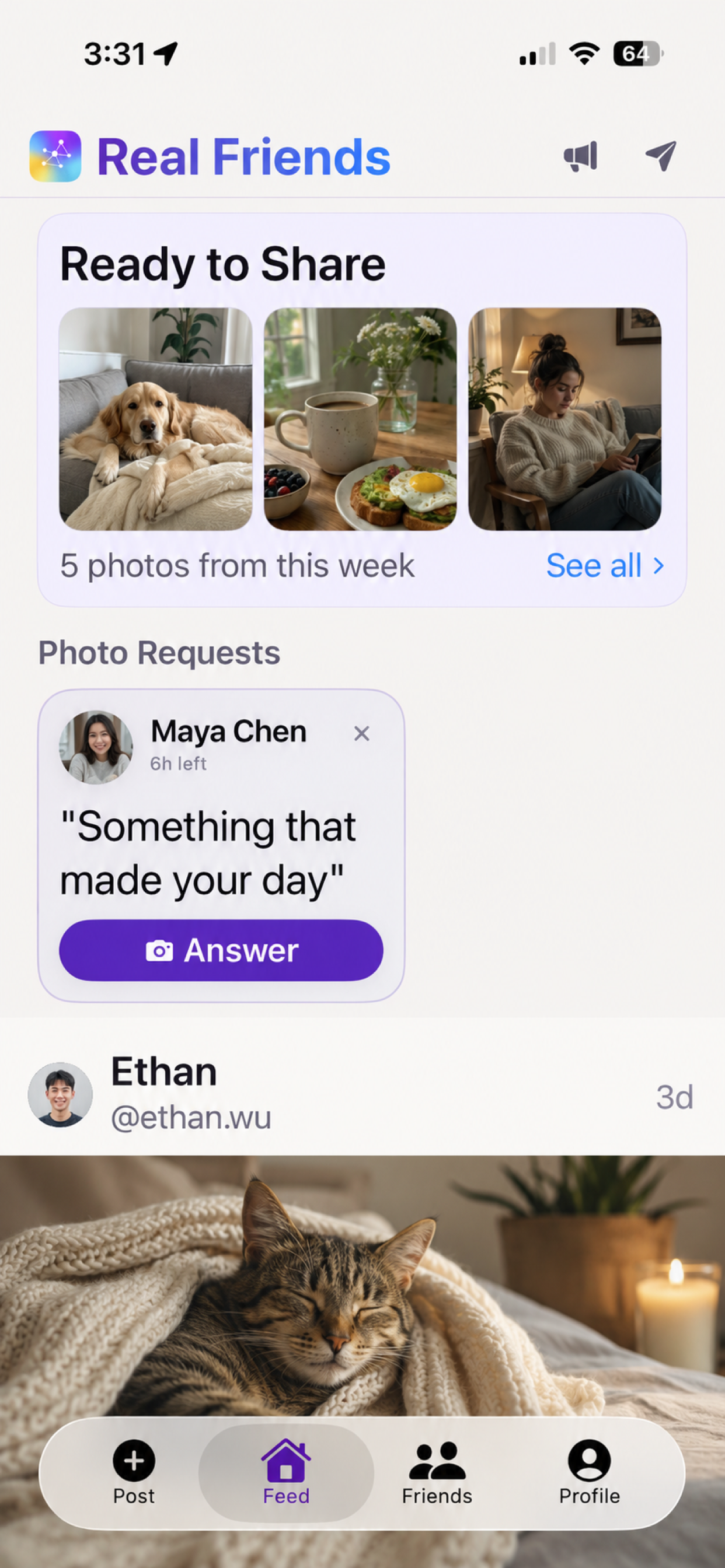Real Friends home feed with photo requests and close-friend posts