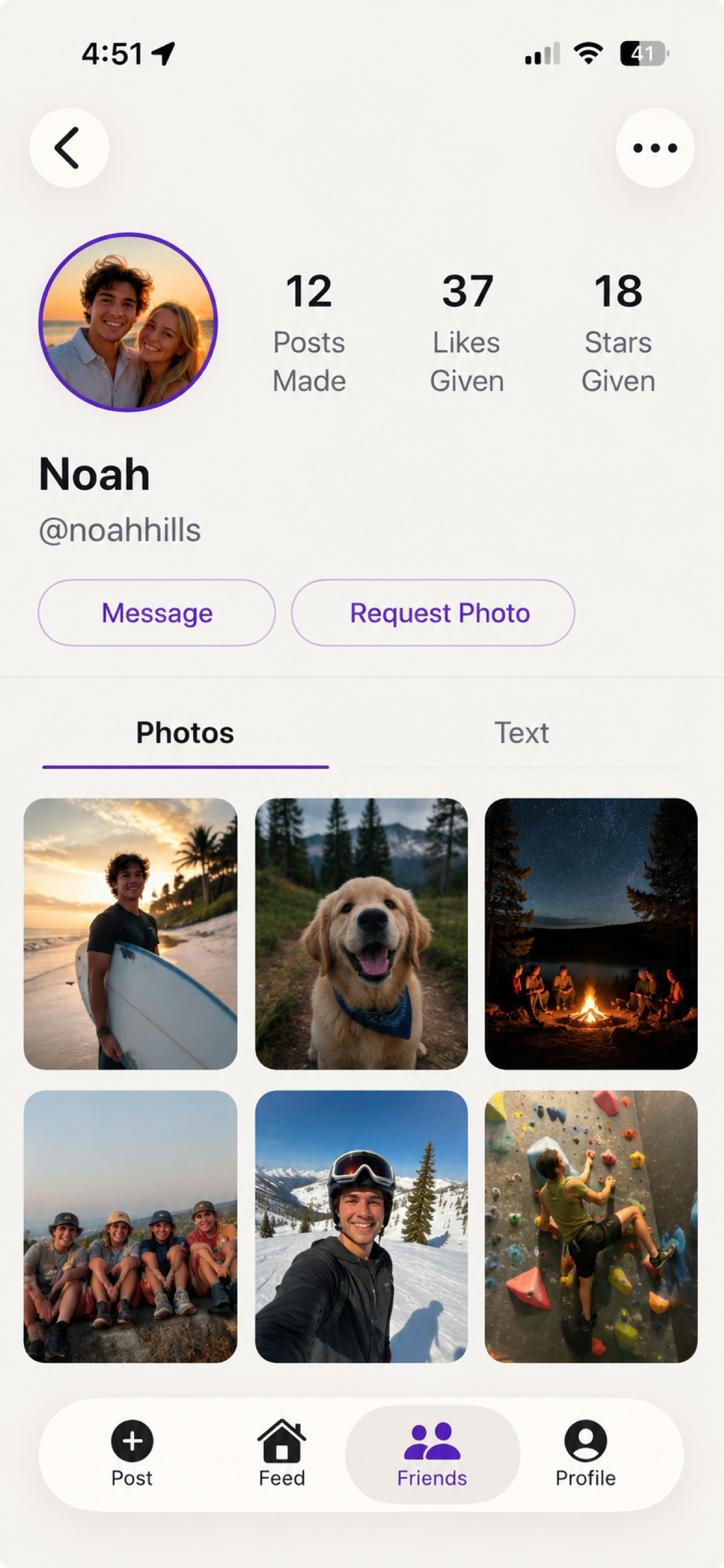 A Real Friends profile with stats and a request photo button