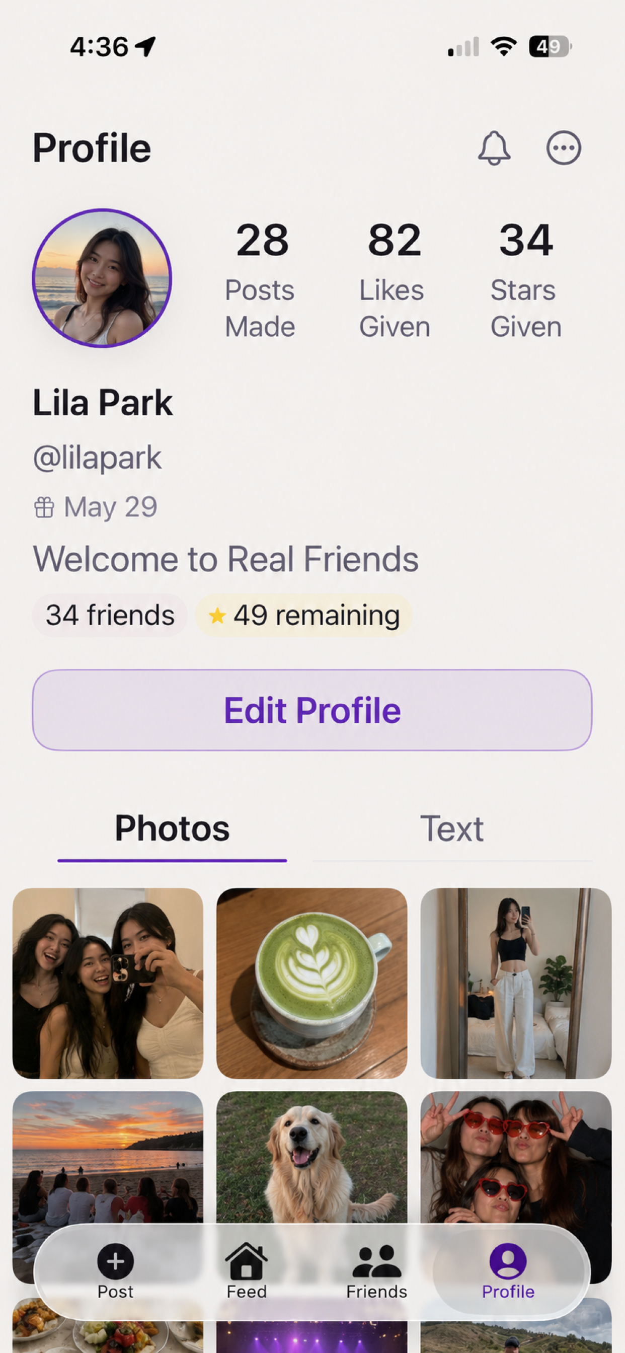 Your Real Friends profile with posts, likes, stars, and photos