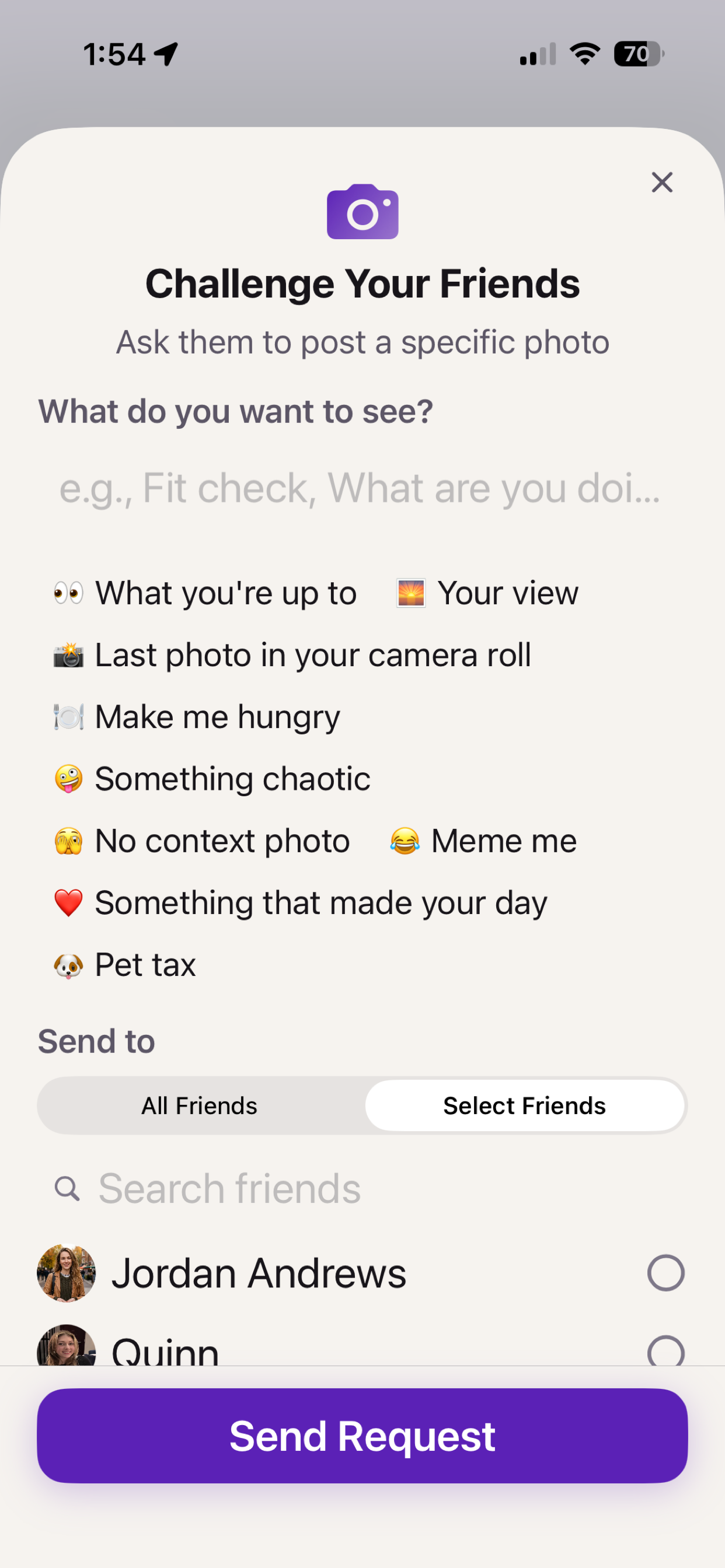 Real Friends photo request prompts and friend selection