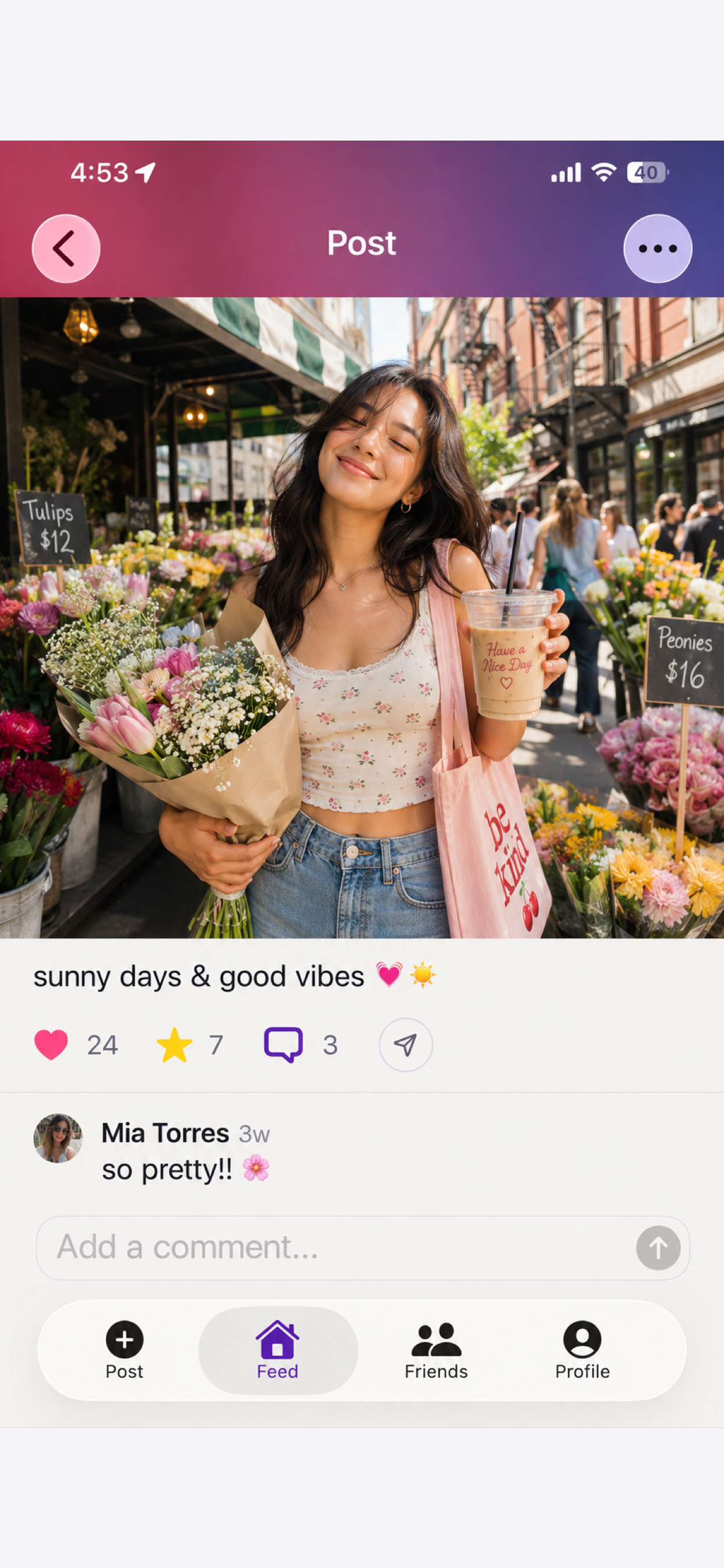 Real Friends post detail with likes, stars, and comments
