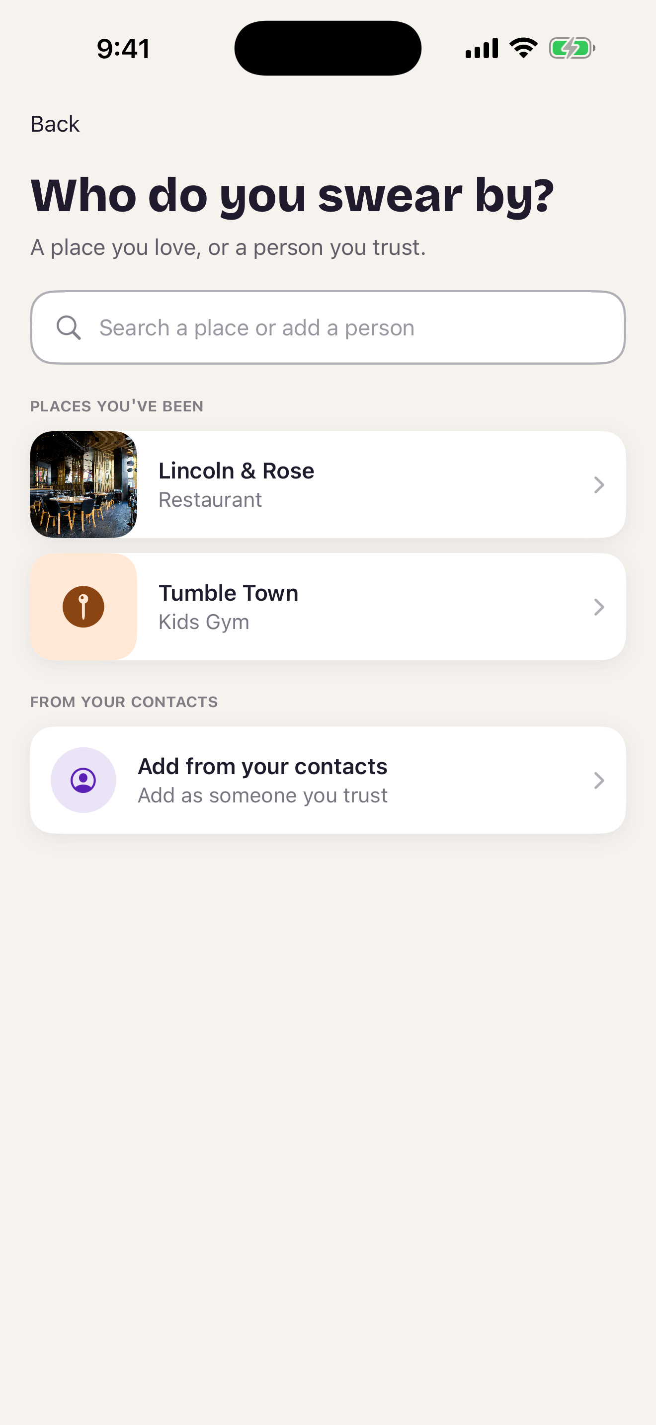 Real Friends recommendation picker for trusted people and places