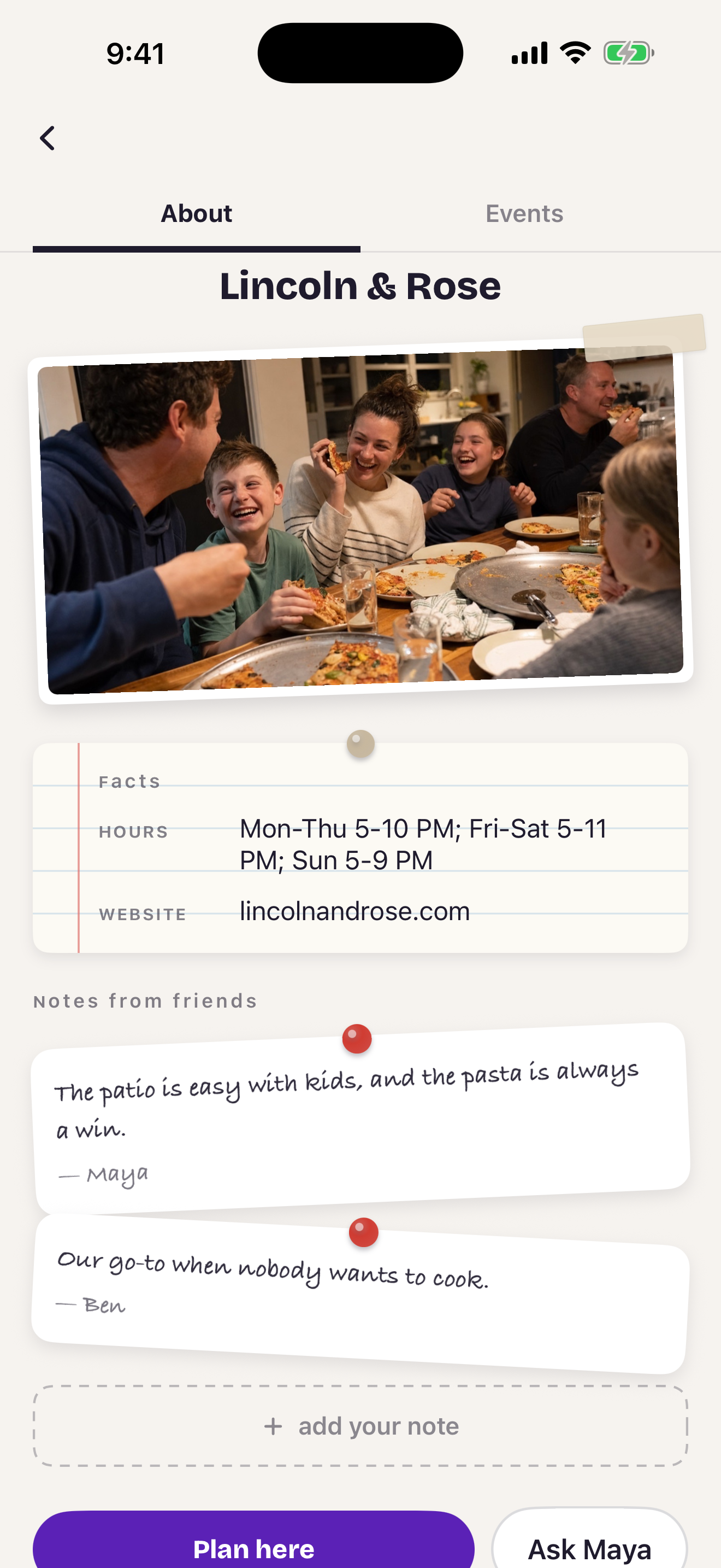 Real Friends venue page with details and notes from friends