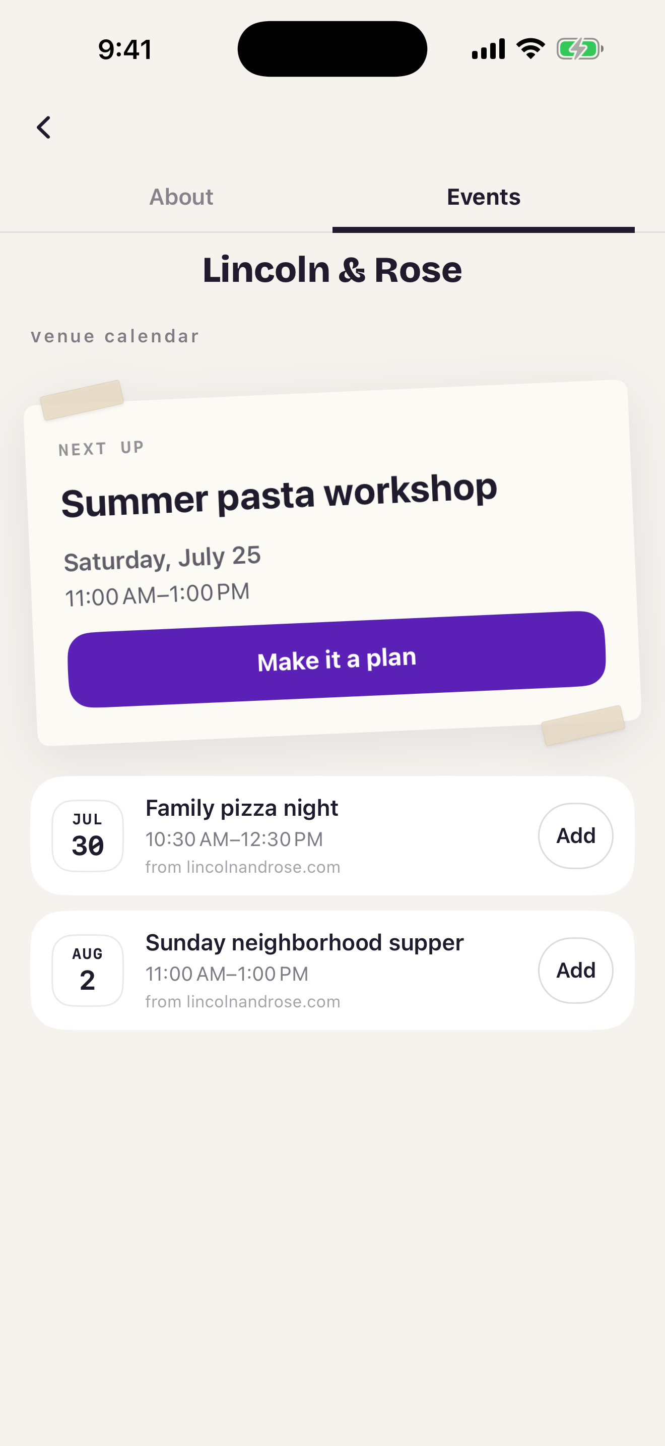 Real Friends venue calendar with events that can become plans